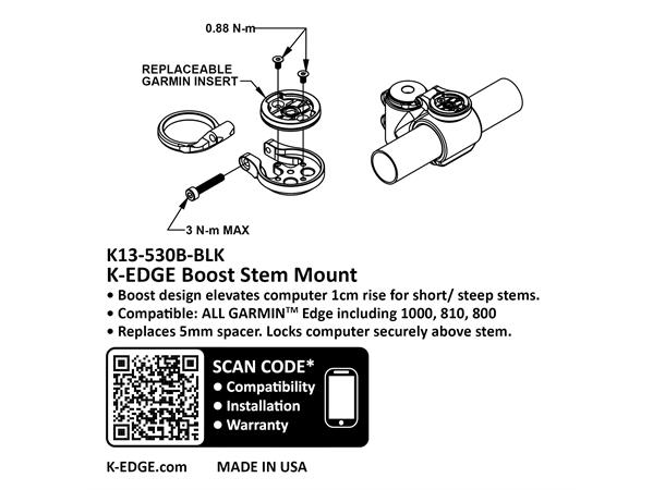 K-Edge Garmin Boost Stem Computerfeste Sort, Boost stem feste