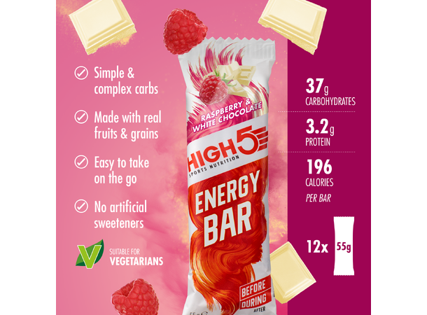HIGH5 EnergyBar Bringebær/Hvit Sjokolade 12pk, 55gr 