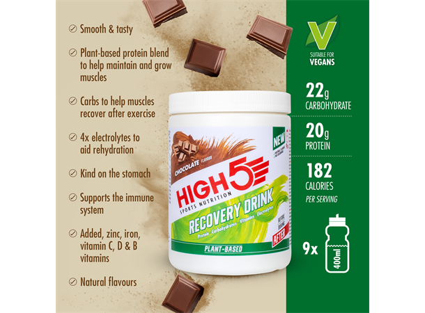 HIGH5 Recovery Drink Plant Sjokolade 450g, Plante basert, Vegansk, Pulver