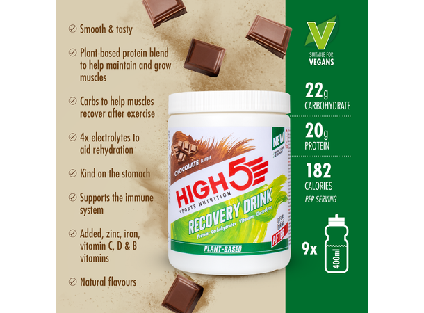 HIGH5 Recovery Drink Plant Sjokolade 450g, Plante basert, Vegansk, Pulver 