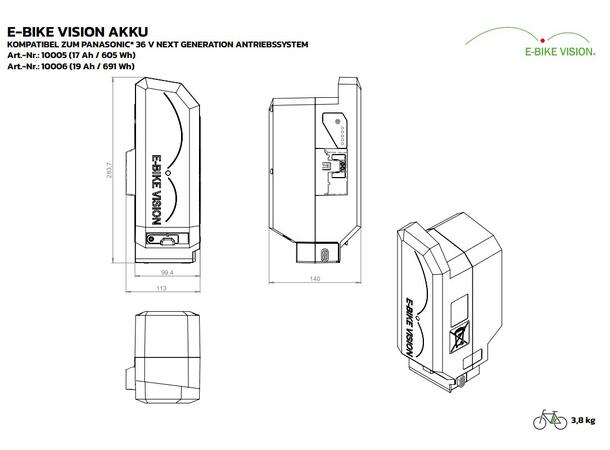 E-Bike Vision Panasonic Next Gen 691Wh 36V, Seterør, 19Ah, 3.5kg 