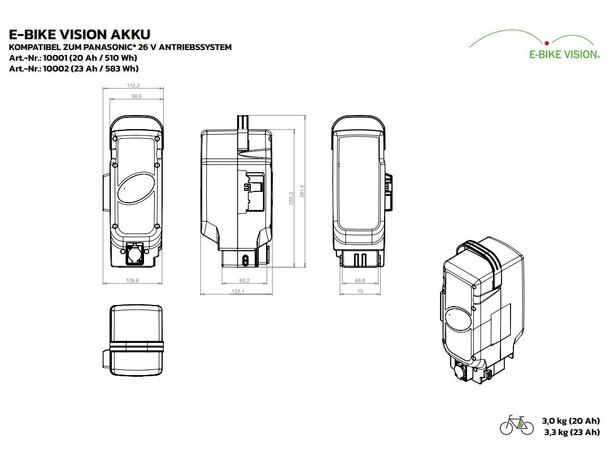 E-Bike Vision Panasonic 510Wh 26V, Seterør, 20Ah, 3.0kg 
