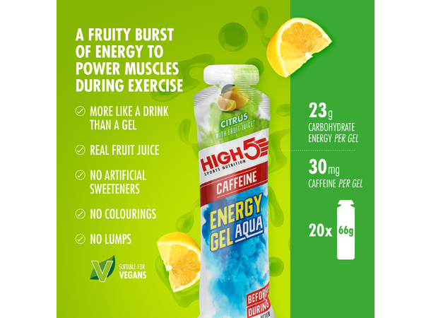 HIGH5 EnergyGel Aqua Koffein Sitrus 20pk, 66gr - DATO 31/7-25 