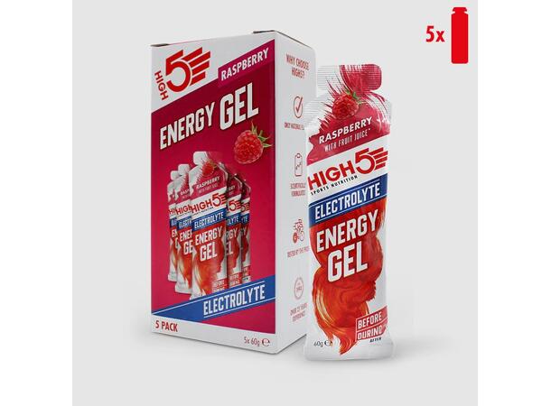 HIGH5 EnergyGel Electrolyte Bringebær 5pk, 60gr, Dato:28/2-2026 
