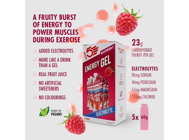 HIGH5 EnergyGel Electrolyte Bringebær 5pk, 60gr, Dato:28/2-2026 