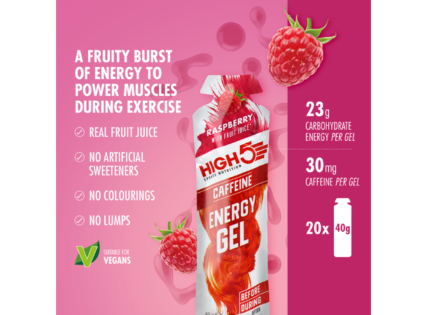 HIGH5 EnergyGel Koffein Bringebær 20pk, 40gr - DATO 09.25 