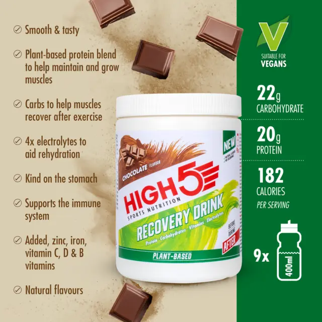 HIGH5 Recovery Drink Plant Sjokolade 450g,Plante basert, Vegansk,Dato30.06.26 