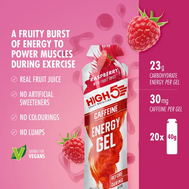 HIGH5 EnergyGel Koffein Bringebær 20pk, 40gr 