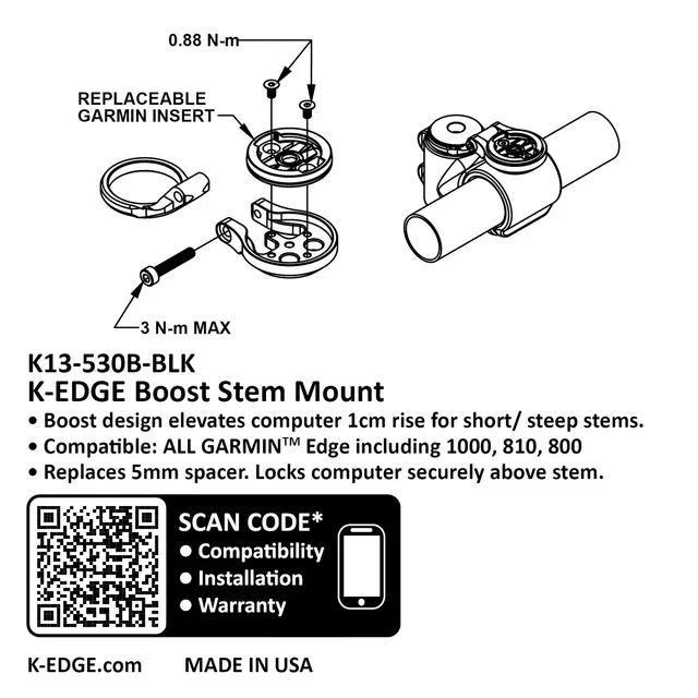 K-Edge Garmin Boost Stem Computerfeste Sort, Boost stem feste 